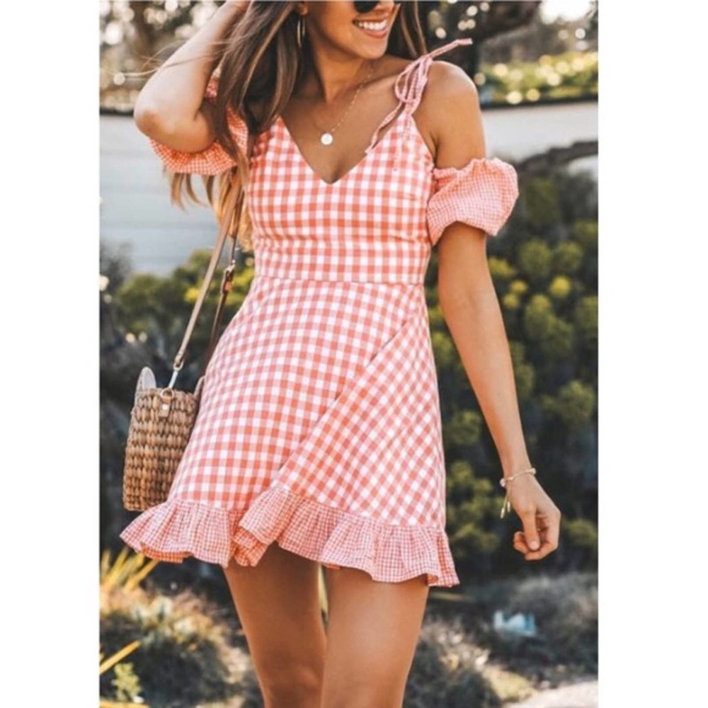 Lovers + Friends Off Shoulder Pink Gingham Dress